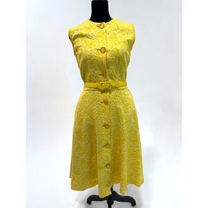 Nelly DeGrab NY vintage 60s yellow woven a-line knee length dress with belt
